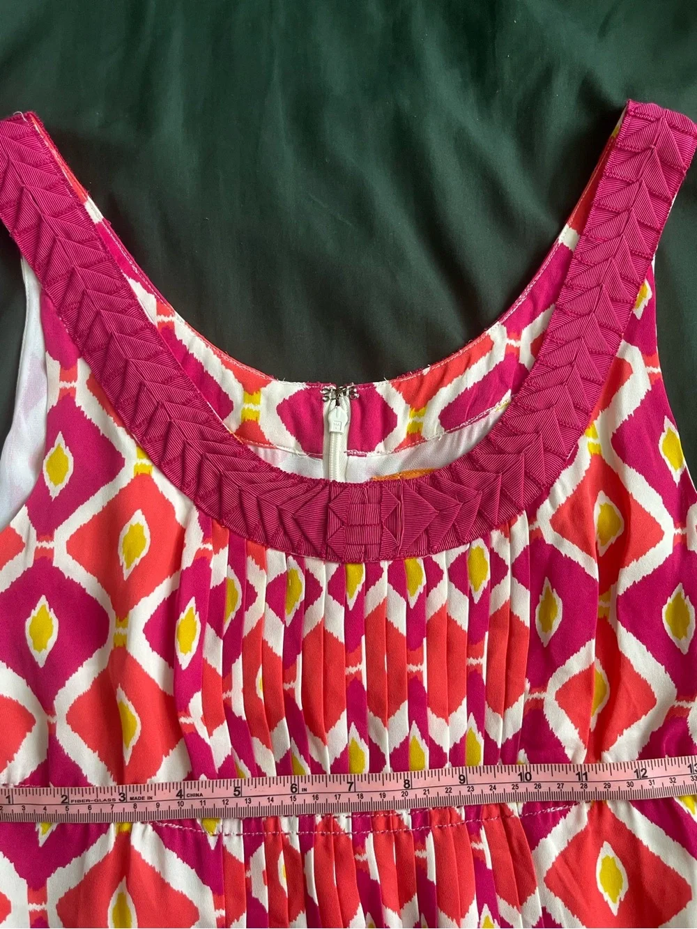 Tory Burch Summer Fuchsia-Red-White-Yellow Geometric Silk Dress with neck trim 4